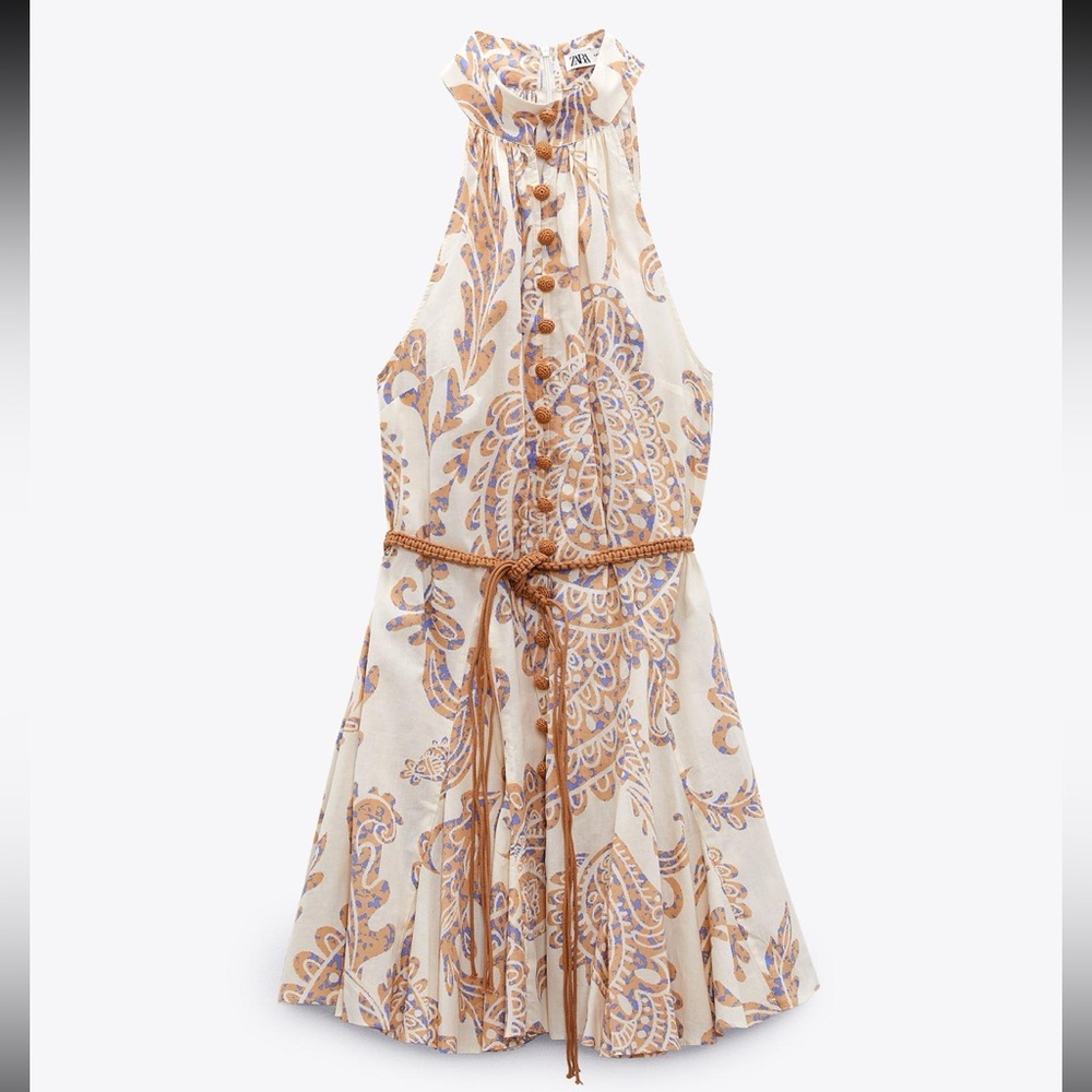 Zara NWT Cream and Brown Belted Paisley Mini Dress